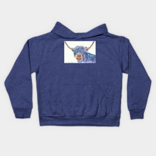 Blue Highland Cow Kids Hoodie